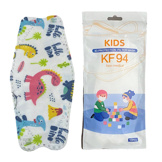 Black disposable KF94 children's mask next to white packaging with cartoon kids and "10PCS" label. - Image 10