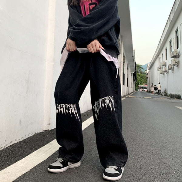 Jeans de Cintura Alta con Estampado Alfabético Vintage