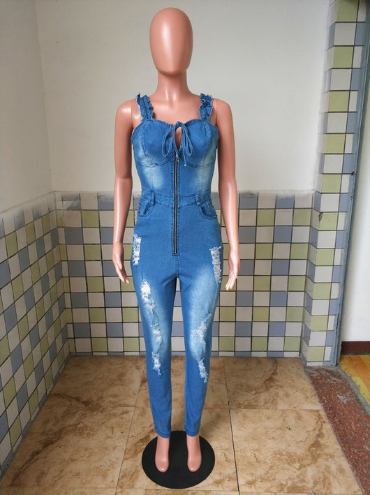 Mono Denim Blanco Ajustado con Encaje Plisado y Detalles Rotos para Mujer - Image 35