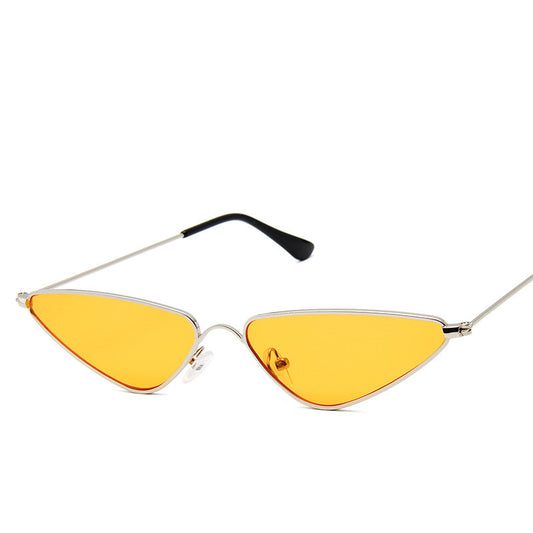 Small frame triangle sunglasses with silver metal frames and vibrant yellow lenses, featuring black temple tips. - Image 2