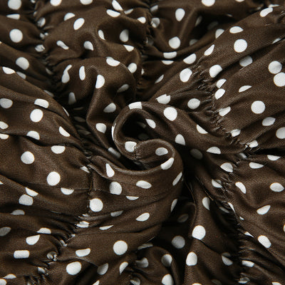 Dark brown polka dot halter bikini top with matching shirred high-waisted shorts for women. - Image 18