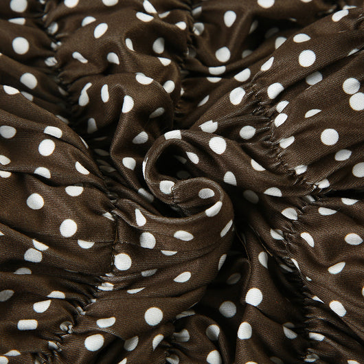 Dark brown polka dot halter bikini top with matching shirred high-waisted shorts for women. - Image 18
