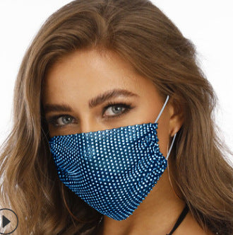 Black fishnet-shaped face mask with star pattern and clear rhinestones, worn by a woman with light brown hair. - Image 15