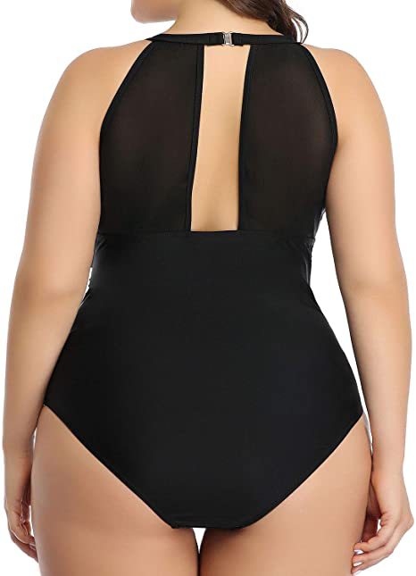Plus size black one-piece swimsuit with a halter neck and mesh V-neck insert, featuring ruched sides. - Image 19