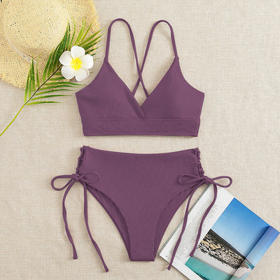 Light green ribbed bikini set with a V-neck bralette top and high-waisted bottoms featuring side tie details. - Image 8