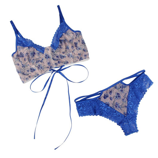 Conjunto de Lencería Azul con Encaje Calado y Flores - Image 9