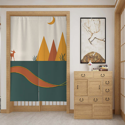 Modern fabric door curtain with abstract green mountains, a dancer silhouette, and a mustard yellow lower section. - Image 8