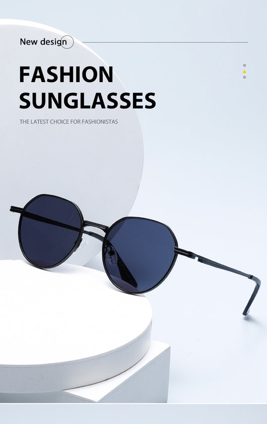Round metal sunglasses with silver frames and dark gray lenses, featuring black temple tips, on a white background. - Image 19