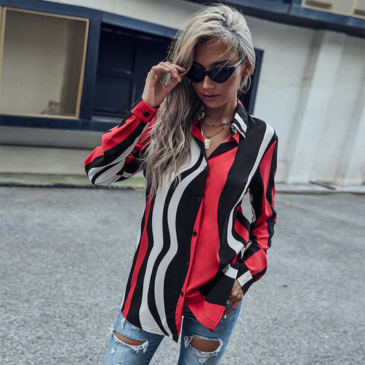 Blusa Rayada Roja con Solapa para Mujer - Manga Larga - Image 16