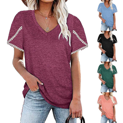 Blusa de Algodón con Escote V y Mangas Pétalo - Corte Holgado y Encaje