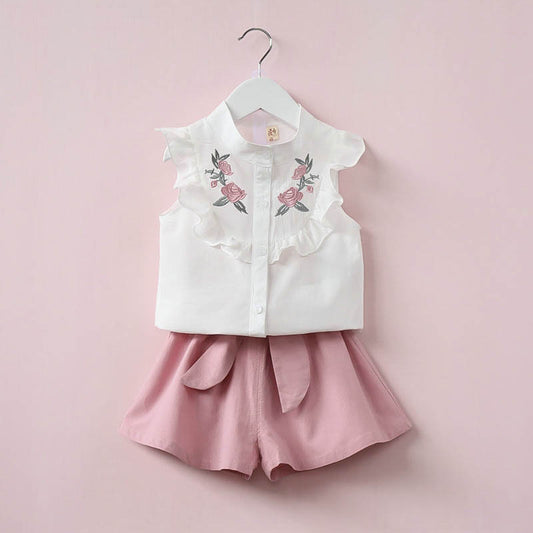 Conjunto de Chaqueta Bordada Floral y Short con Moño