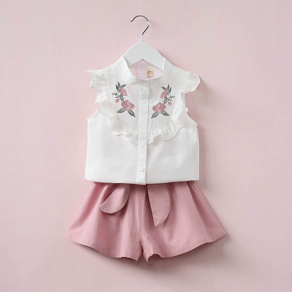 Conjunto de Chaqueta Bordada Floral y Short con Moño