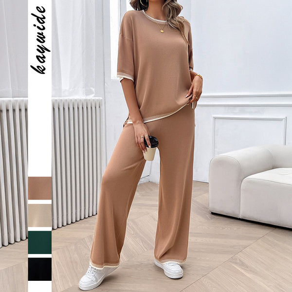 Conjunto de 2 Piezas: Blusa Suelta de Punto con Contraste + Pantalón