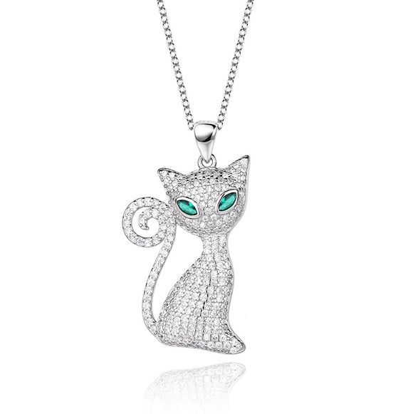 Collar Gato Ojos Verdes en Plata - Diseño Europeo