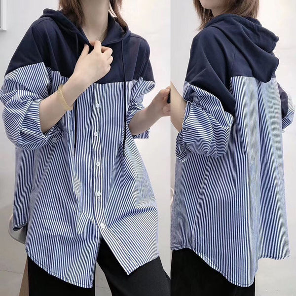 Camisa Hoodie Suelta con Costuras y Rayas Versátil