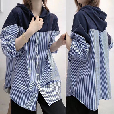 Camisa Hoodie Suelta con Costuras y Rayas Versátil