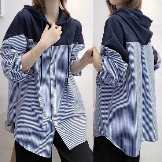 Camisa Hoodie Suelta con Costuras y Rayas Versátil