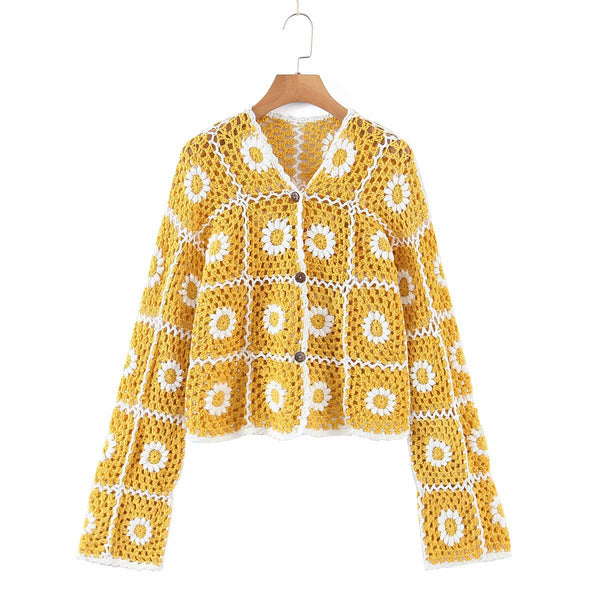 Cardigan Tejido a Mano con Girasoles de Crochet para Mujer - Image 3