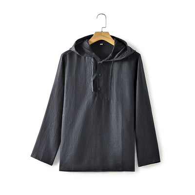 Camisa Suelta de Lino para Hombre con Capucha y Color Sólido - Image 7
