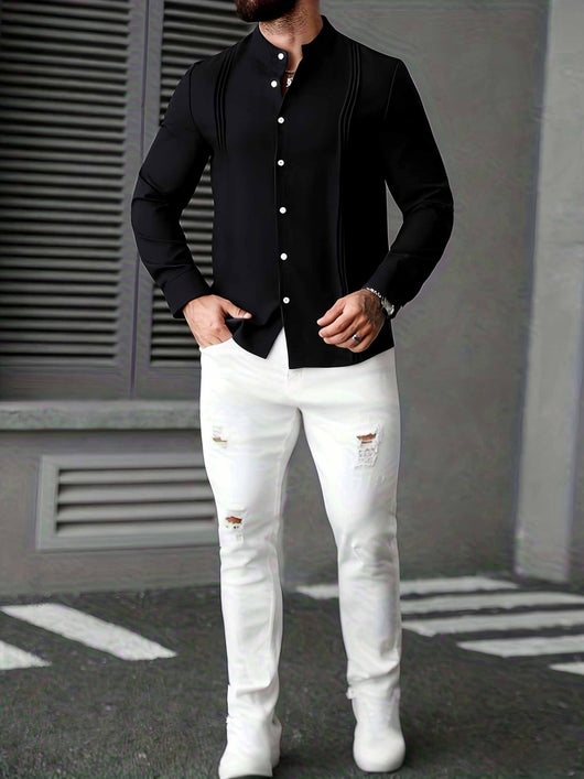 Camisa Manga Larga Cuello Mao Entallada Hombre - Image 15