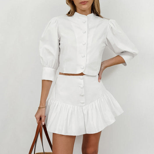 Conjunto Dos Piezas Falda Corta y Blusa de Manga Linterna para Mujer