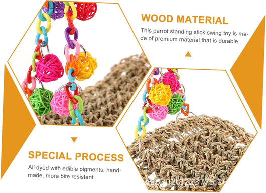 Colorful parrot toy with a woven grass hammock, hanging ropes, wooden blocks, and woven balls, with two parrots. - Image 12