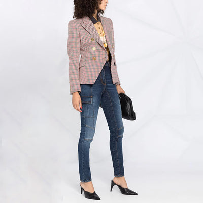 Blazer Cuadros Pied de Gallo Mujer Doble Botonadura Manga Larga - Image 13