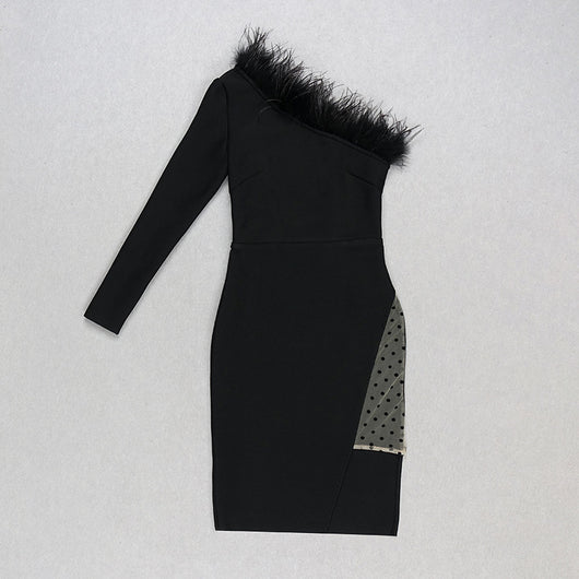 Vestido de Malla con Cuello de Piel Sintética, Hombro Descubierto y Lunares - Image 7