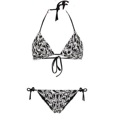 Black and white abstract letter print bikini with triangle halter top and tie-side bottoms. - Image 8