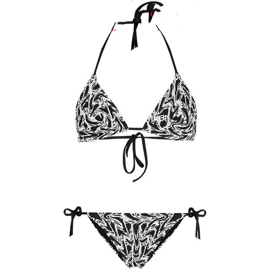 Black and white abstract letter print bikini with triangle halter top and tie-side bottoms. - Image 8
