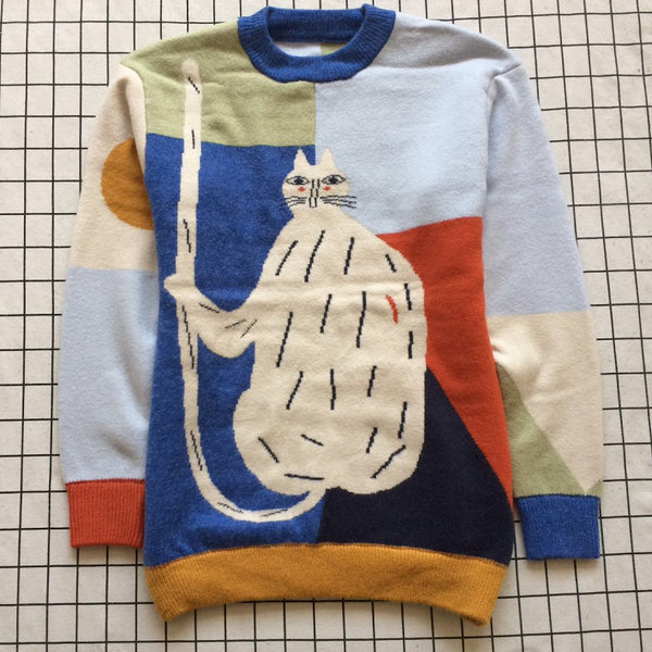 Suéter Holgado con Estampado de Gato Infantil y Costuras Multicolor
