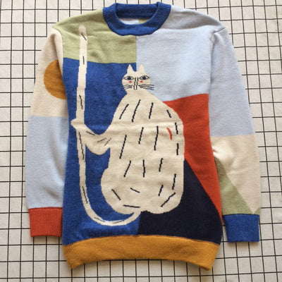 Suéter Holgado con Estampado de Gato Infantil y Costuras Multicolor