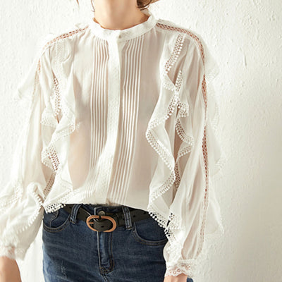 Blusa de Lino Francesa Elegante con Encaje - Diseño Sofisticado Efecto Adelgazante
