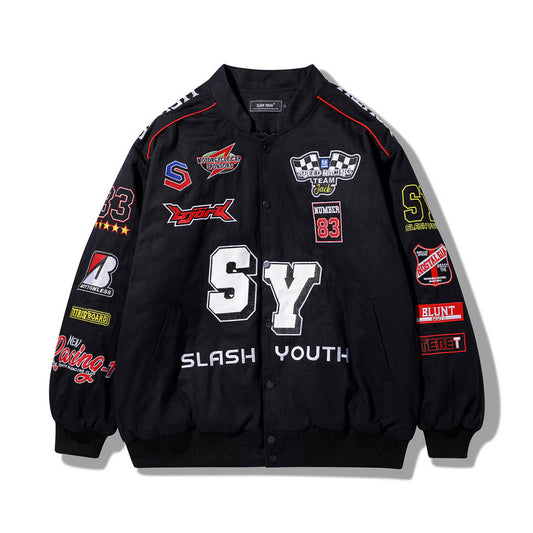 Chaqueta Motociclista Retro con Parches Bordados Hip Hop Street Racing
