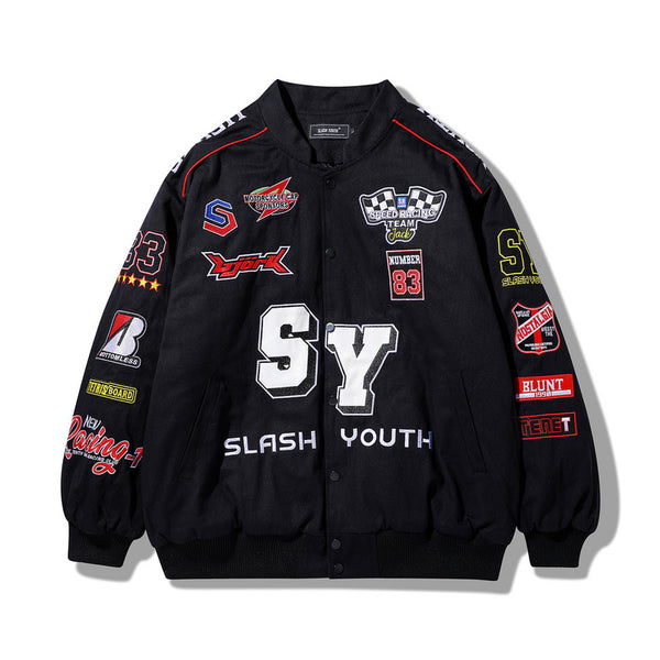 Chaqueta Motociclista Retro con Parches Bordados Hip Hop Street Racing