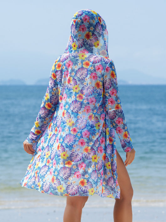 Woman in a red multicolor floral print three-piece swimsuit with high-waisted bikini and long-sleeve cover-up, straw hat, and sunglasses on a beach. - Image 34