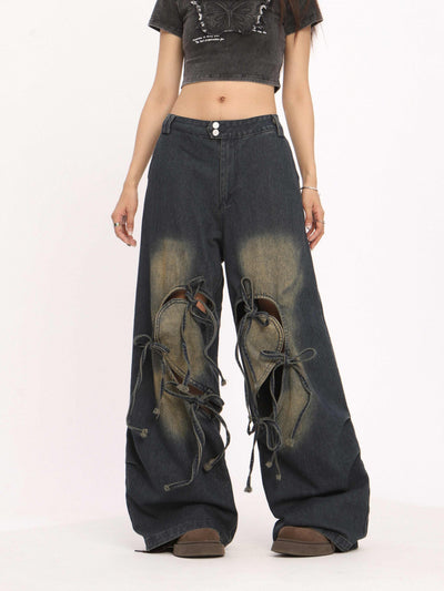 Pantalones Vaqueros Rotos con Cordones Cintura Alta Pierna Recta Mujer - Image 4