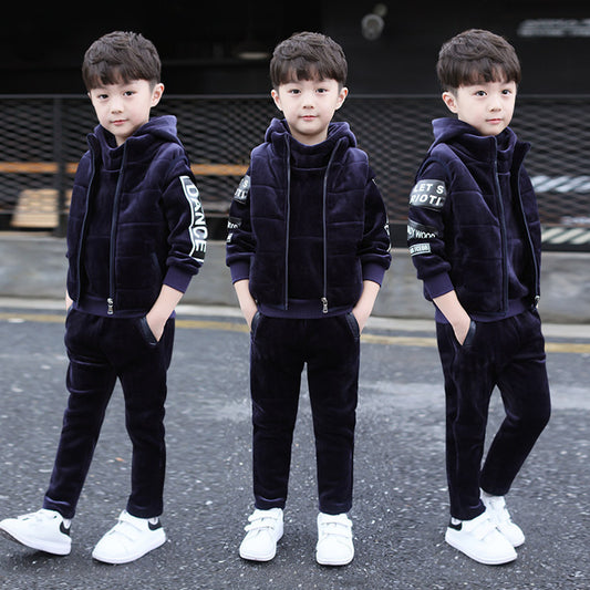 Traje Tres Piezas para Niño con Terciopelo, Abrigo Grueso Otoño Invierno