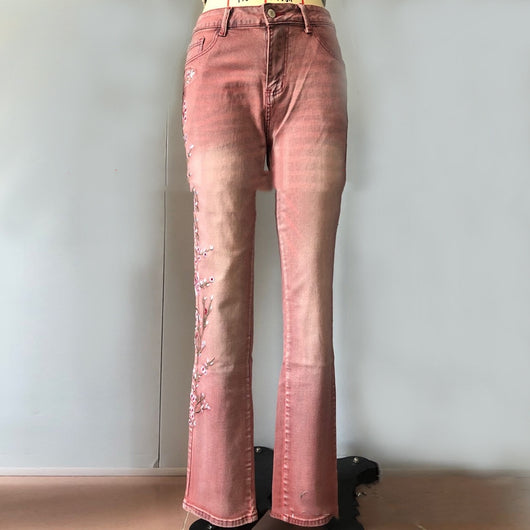 Jeans Rectos con Bordados Retro