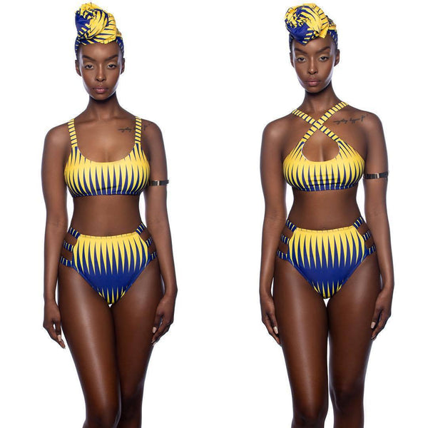 Women's blue and yellow striped high-waist two-piece swimsuit with side cut-outs and scoop neck top.