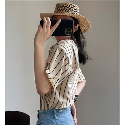 Camisa Retro de Rayas con Solapa Literaria, Manga Corta Suelta y Ligera - Image 6