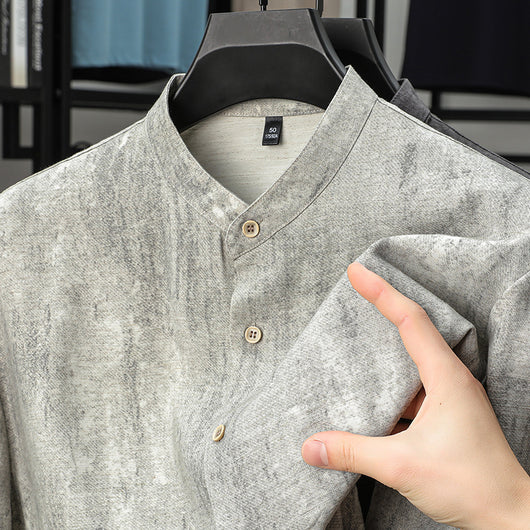 Camisa de Lino Elegante para Hombre Maduro - Cuello Mao Liso - Image 7