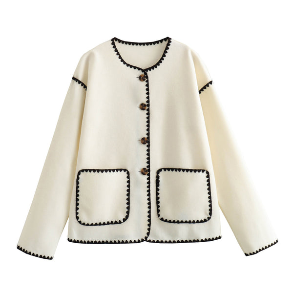 Chaqueta de Lana Elegante con Detalles de Bolsillos y Combinación de Colores Europeo-Americana