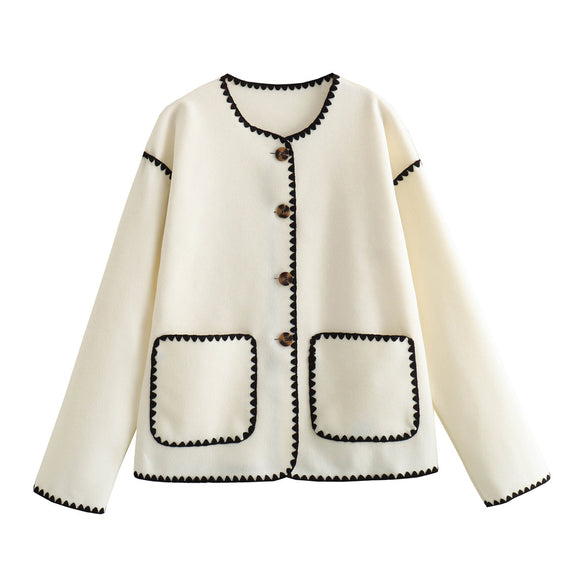 Chaqueta de Lana Elegante con Detalles de Bolsillos y Combinación de Colores Europeo-Americana