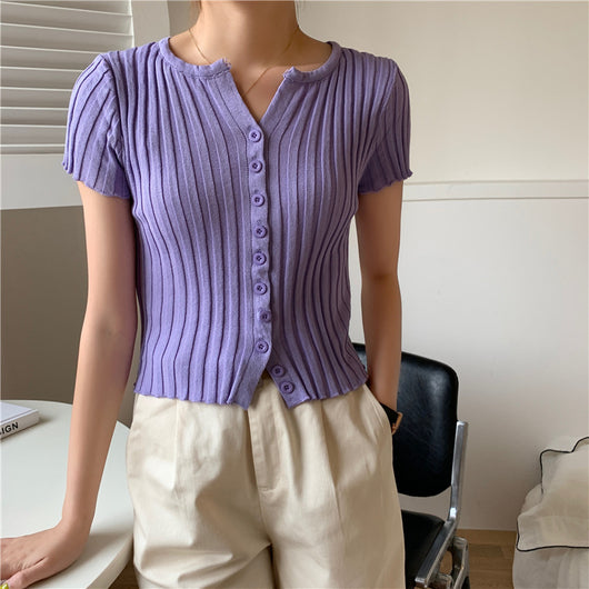 Cardigan Corto Tejido de Cintura Alta - Blusa Slim Fit Manga Corta - Image 4