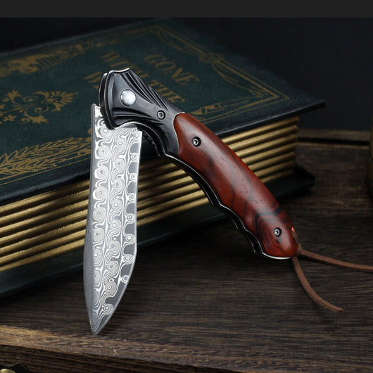 Cuchillo Plegable Outdoor Acero Damasco con Mango de Palo de Rosa - Image 7