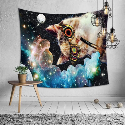 Stoned Cat Tapestry featuring a cat with psychedelic glasses smoking a pipe against a vibrant galaxy background.