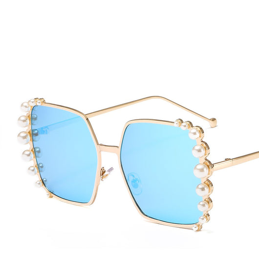 Oversized hexagonal sunglasses with gold-tone metallic frames, light pink lenses, and faux pearl embellishments. - Image 4