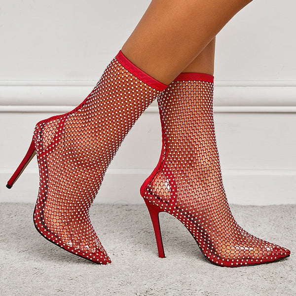 Botas Mujer Punta Aguda Tacón Stiletto Malla Hueca