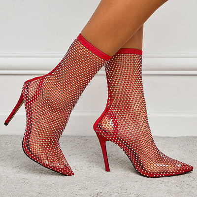 Botas Mujer Punta Aguda Tacón Stiletto Malla Hueca